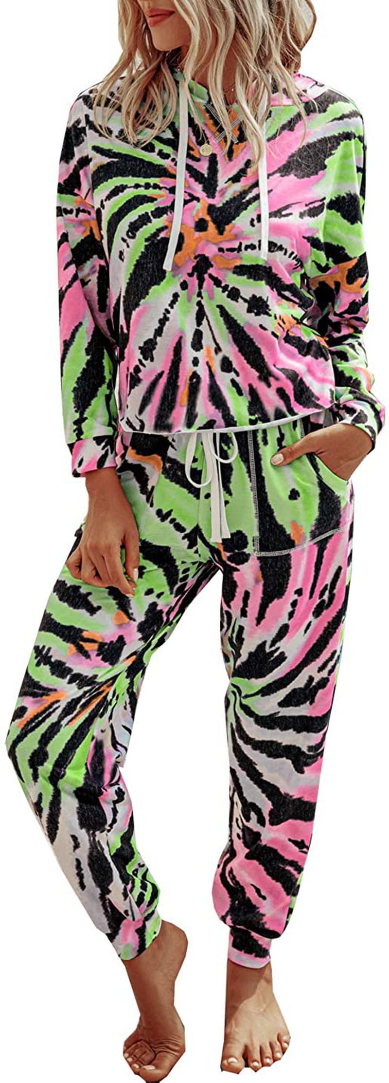 PRETTYGARDEN Women’s Tie Dye Two Piece Pajamas Set Long Sleeve Sweatshirt with Long Pants Sleepwear Apparel & Accessories > Clothing > Sleepwear & Loungewear > Pajamas PRETTYGARDEN Tie Dye-green Small