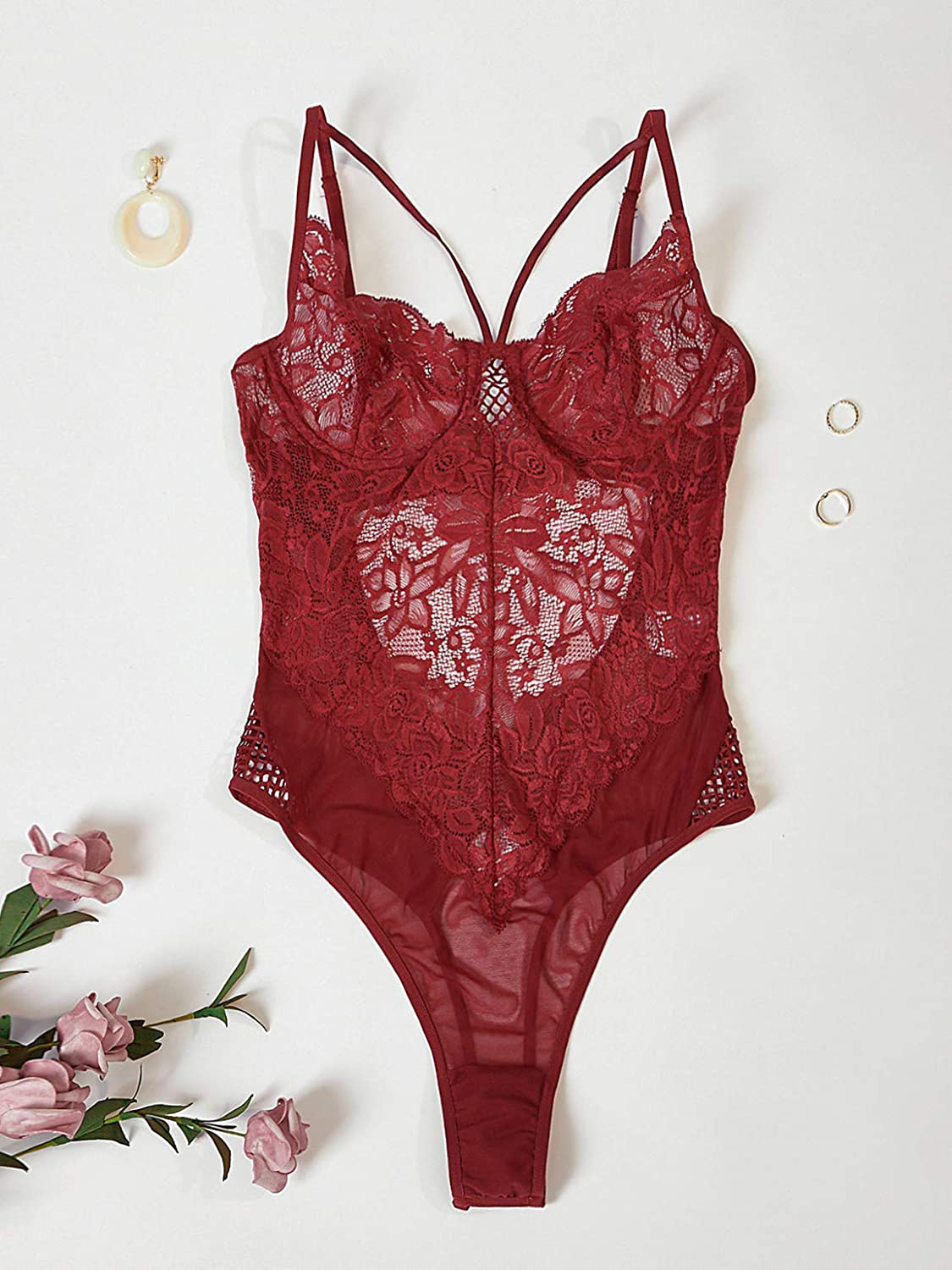 Garmol Womens Teddy Lingerie, Lace Underwear Cups Mesh Bodysuit Deep V Neck One Piece Babydoll, XS-XL Apparel & Accessories > Clothing > Underwear & Socks > Lingerie Garmol