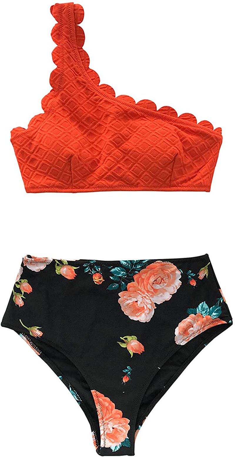 CUPSHE Women's Solid Wavy Edge One-Shoulder Bikini Set Rain of Petals Apparel & Accessories > Clothing > Swimwear CUPSHE