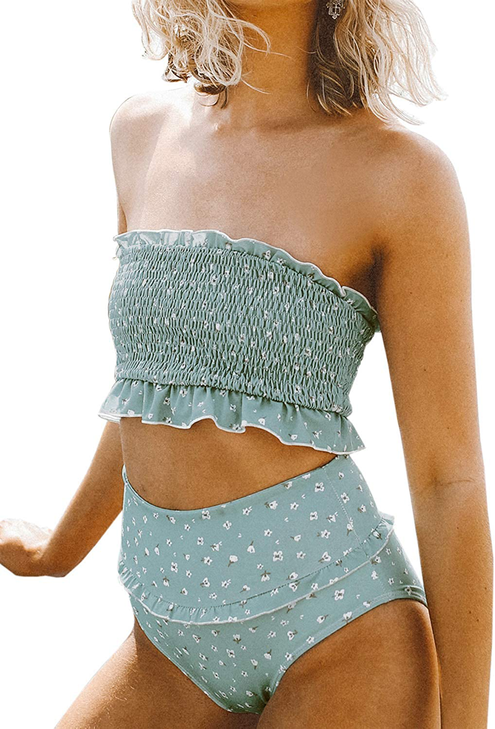 Dokotoo Women Cute High Waist Strapless Smocked Bikini Sets Swimsuit Bathing Suit Kylie Max A Sky Blue Small