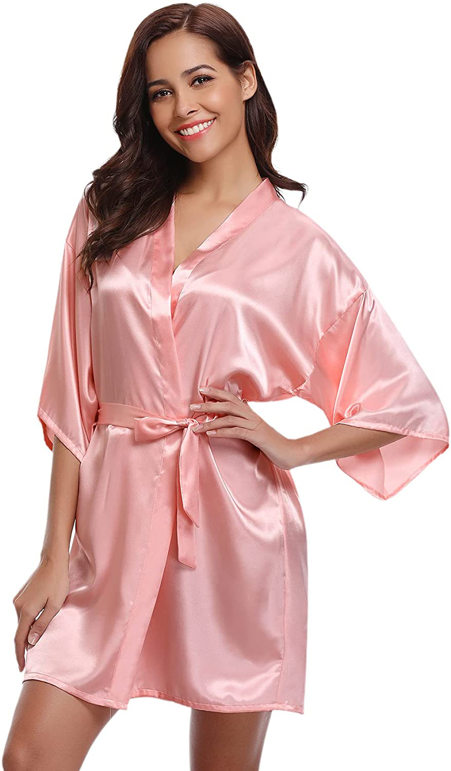 Litherday Women'S Kimono Robe Silk Bathrobe Sleepwear Short Satin Robes for Bridal Bridesmaids Dressing Gown Apparel & Accessories > Clothing > Sleepwear & Loungewear > Robes Litherday Orange Medium