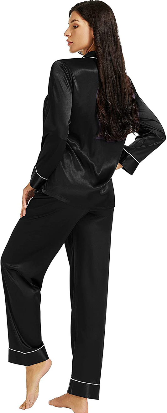 LONXU Womens Silk Satin Pajamas Set Button Down Sleepwear Loungewear XS~3XL Apparel & Accessories > Clothing > Sleepwear & Loungewear > Pajamas Lonxu Black X-Large
