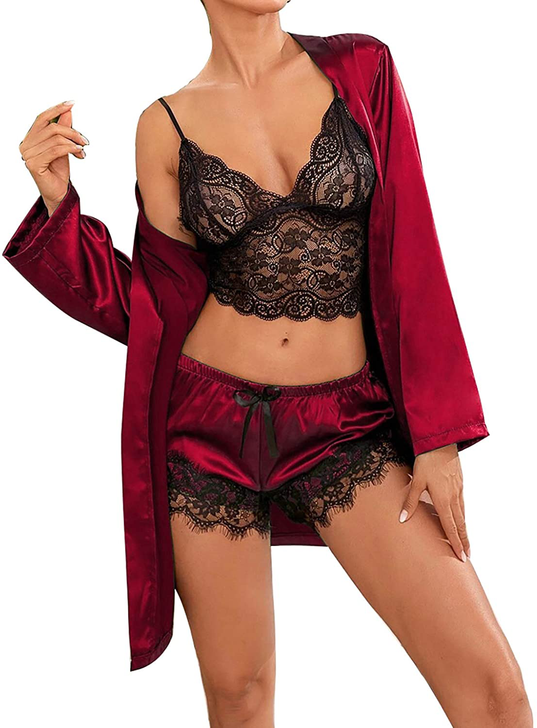 TAKOYI Women'S Sexy Lace 3 Piece Satin Robe and Pajama Set Cami Top Lingerie with Robe Camisole Shorts Apparel & Accessories > Clothing > Sleepwear & Loungewear Kylie Max
