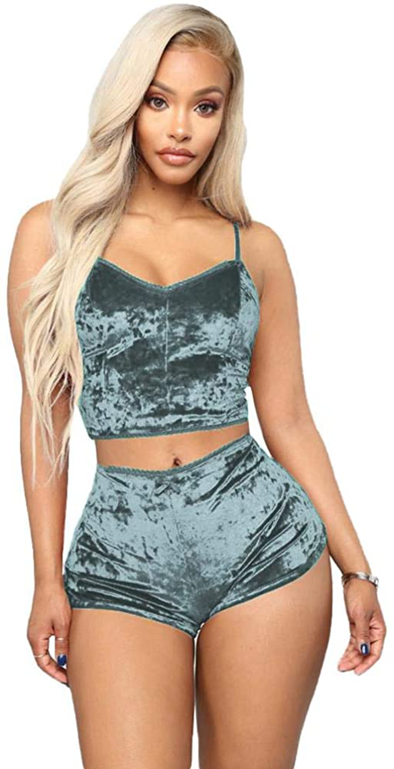 Women Sexy Velvet 2 Piece Outfit Spaghetti Strap Leopard Tie Dye Cami Crop Top + Shorts Bottom Sleepwear Pajama Set Nightwear Apparel & Accessories > Clothing > Sleepwear & Loungewear Kylie Max