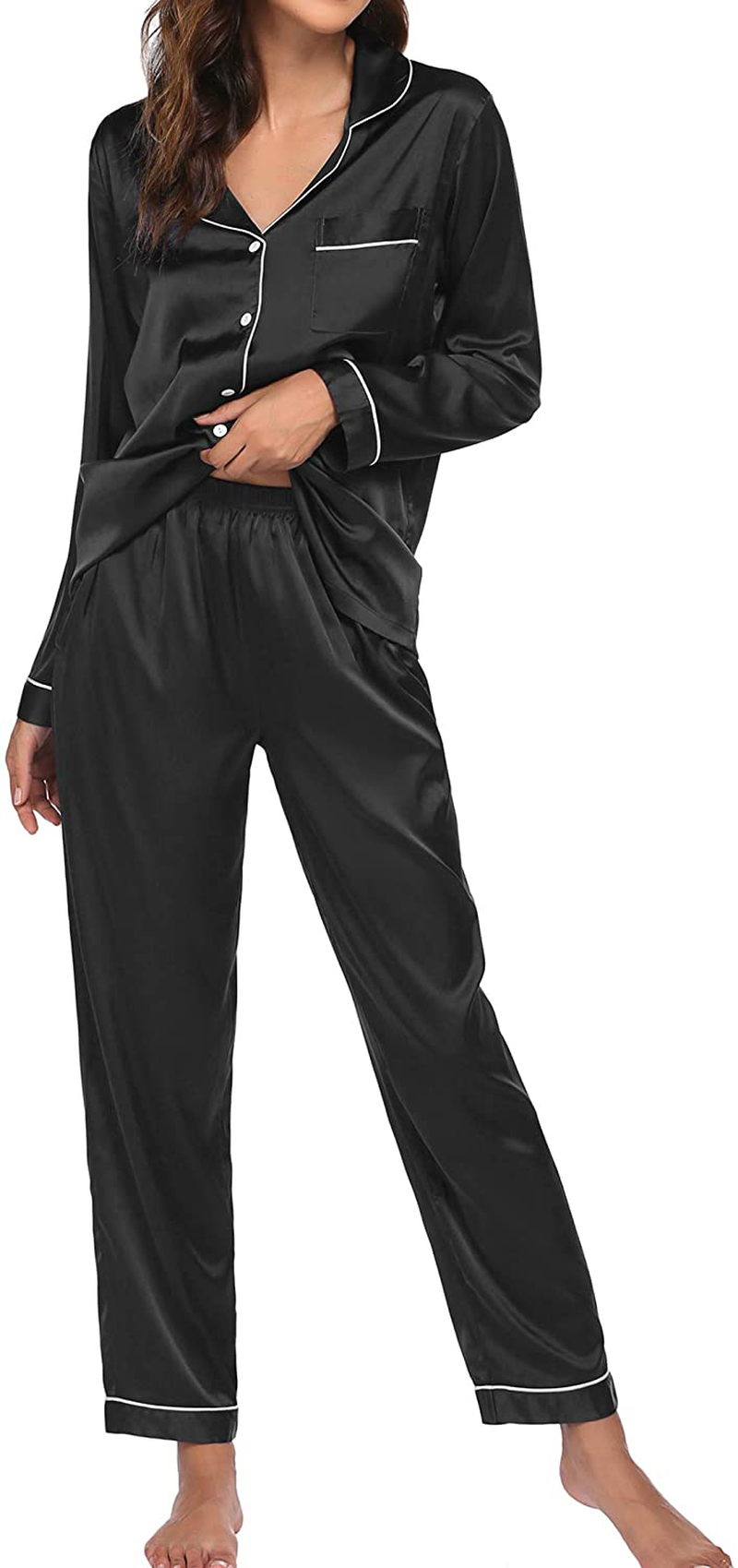 Ekouaer Satin Pajamas Women’S Long Sleeve Sleepwear Silk Soft Button down Loungewear Pjs Set S-XXL Apparel & Accessories > Clothing > Sleepwear & Loungewear Kylie Max
