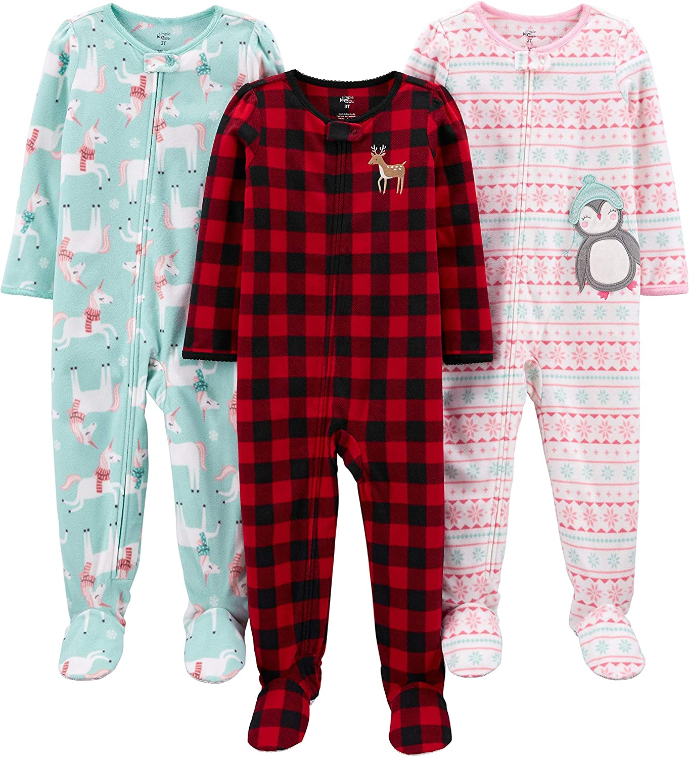 Simple Joys by Carter'S Toddler and Baby Girls' Loose Fit Fleece Footed Pajamas, Pack of 3 Apparel & Accessories > Clothing > Underwear & Socks > Lingerie Simple Joys by Carter's Buffalo Check/Penguin/Unicorn 12 Months