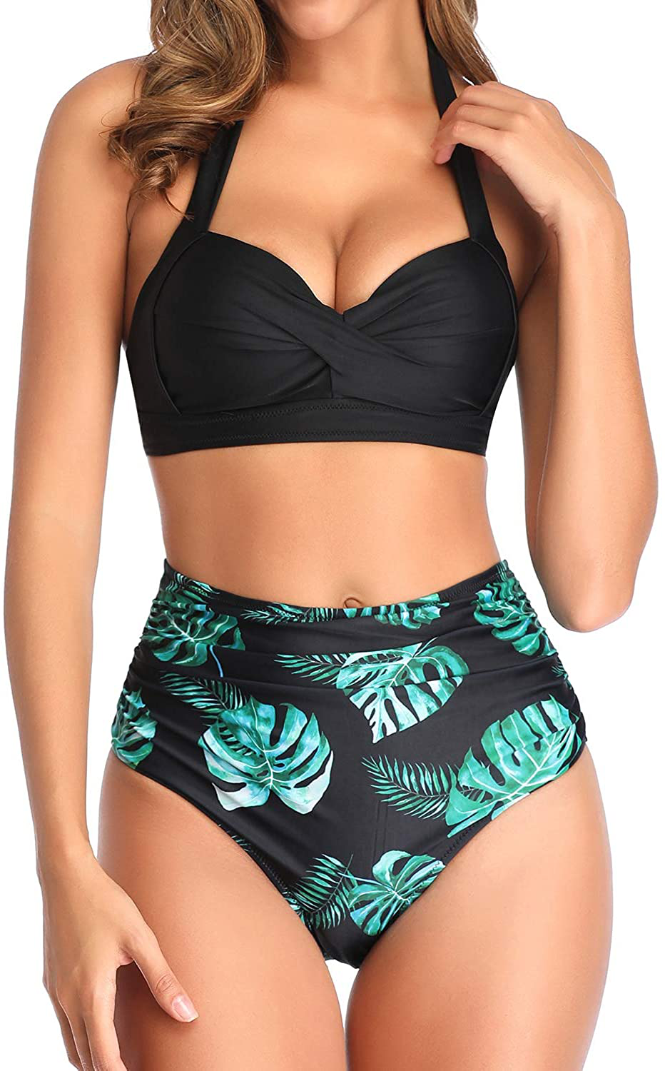 Tempt Me Women Vintage Swimsuit Two Piece Retro Halter Ruched High Waist Bikini Apparel & Accessories > Clothing > Swimwear KYLIE MAX Black Leaves X-Small