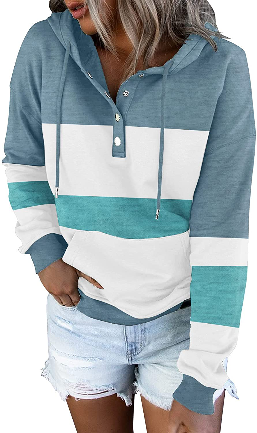 ETCYY Women'S Color Block Hoodies Tops Long Sleeve Casual Drawstring Button down Pullover Sweatshirt with Pocket Apparel & Accessories > Clothing > Activewear Kylie Max