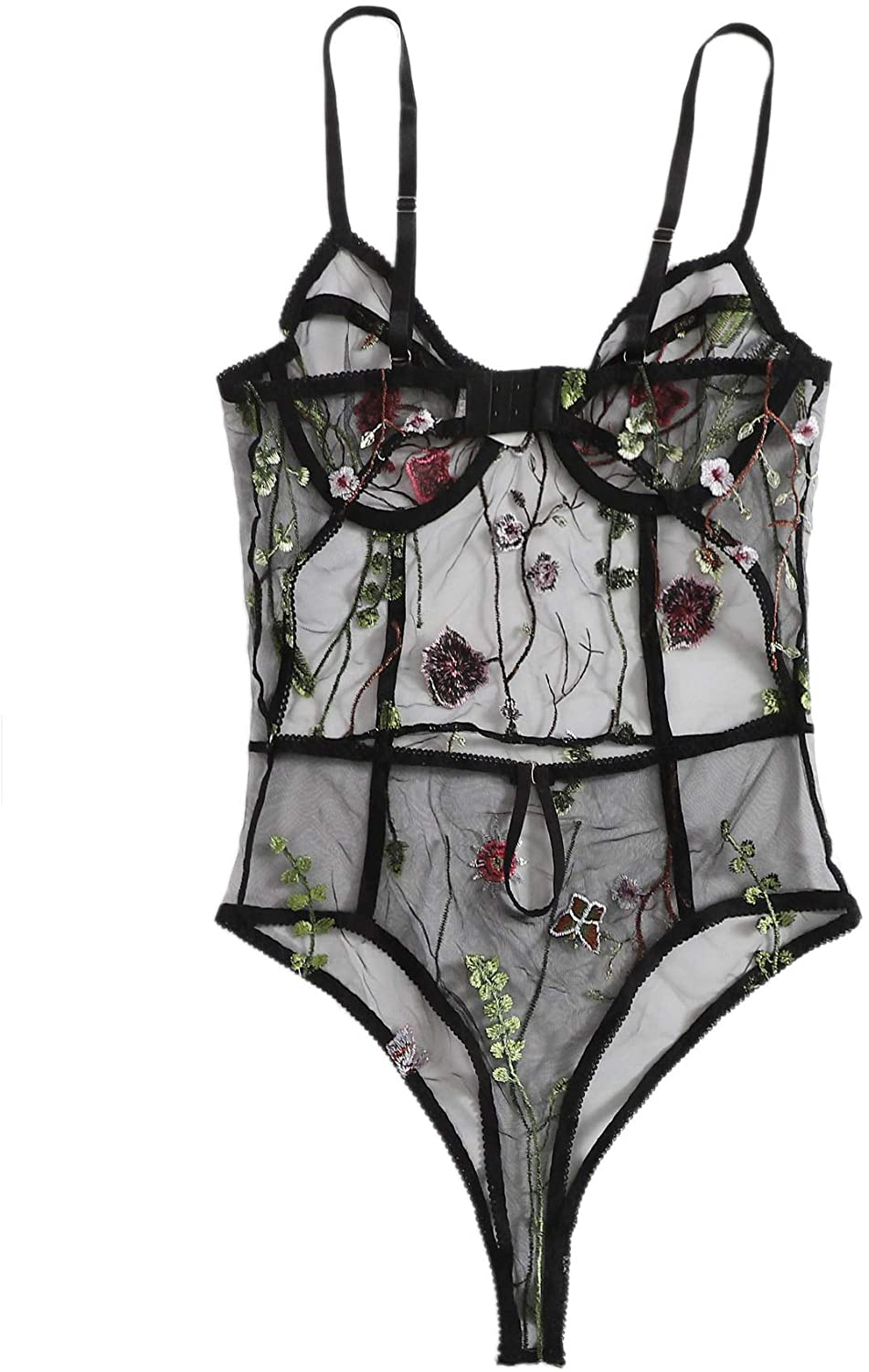 Milumia Women Sexy V Neck Floral Embroidery Sheer Mesh Backless Teddies Lingerie Mini Bodysuits Apparel & Accessories > Clothing > Underwear & Socks > Lingerie Milumia