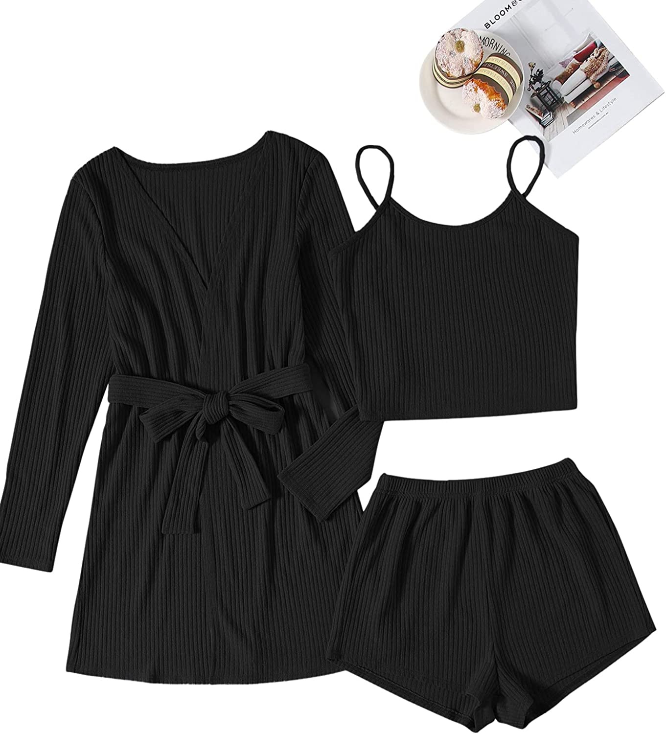 Shein Women'S plus 3Pcs Cami Shorts Ribbed Pajama Set with Long Sleeve Belted Robe Apparel & Accessories > Clothing > Sleepwear & Loungewear Kylie Max