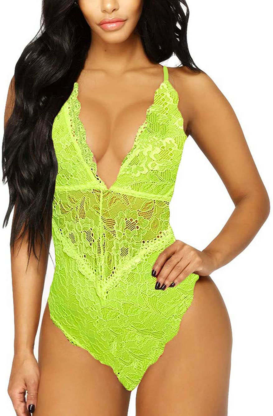 Kaei&Shi V-Neck See Through Lingerie Floral Lace Babydoll Sexy Lingerie for Women One Piece Bodysuit Apparel & Accessories > Clothing > Underwear & Socks > Lingerie Kaei&Shi Fluorescent Green Medium