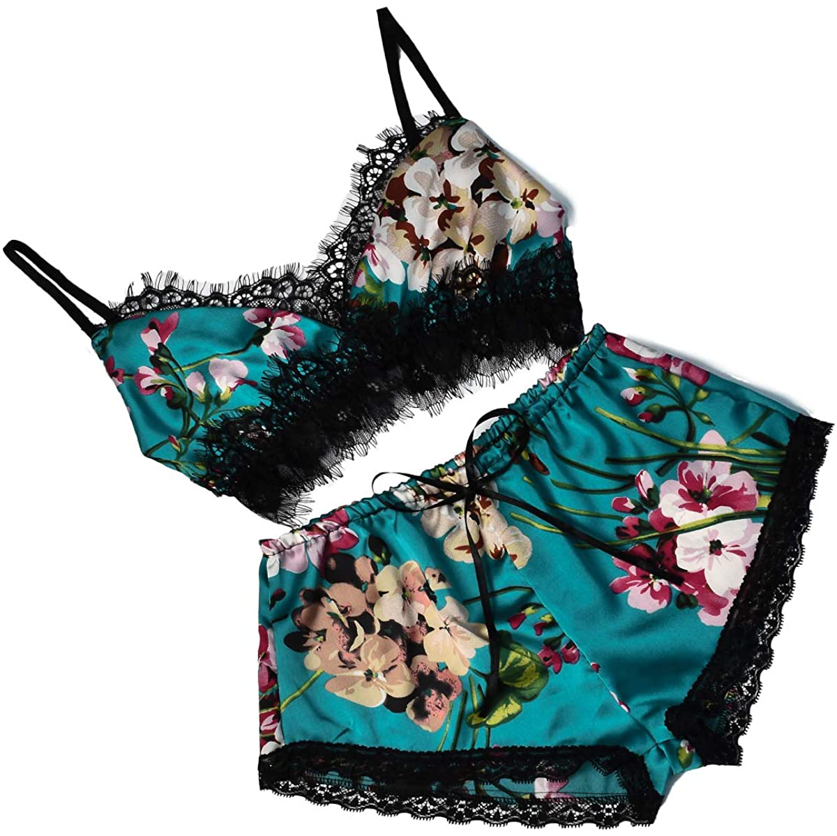 Lingerie for Women Floral Sexy Satin Pajama Sets Lace Trim Cami and Shorts Two Piece Straps Bralette and Panty Sleepwear Apparel & Accessories > Clothing > Sleepwear & Loungewear Kylie Max