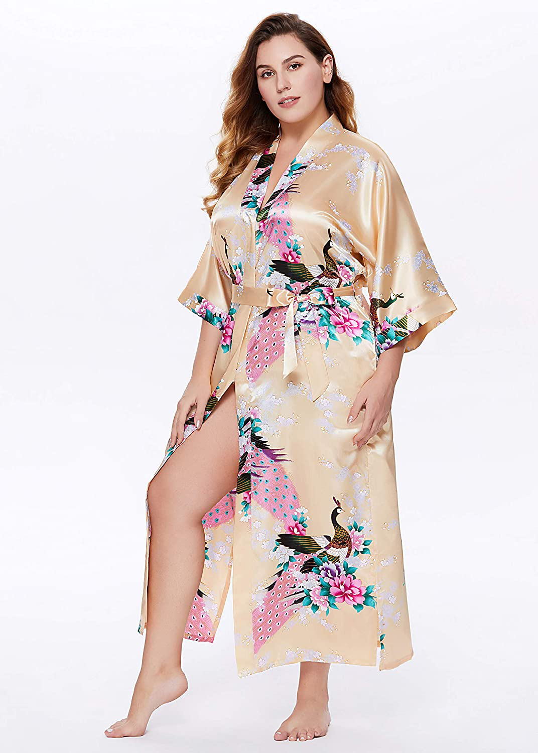 BABEYOND Women'S plus Size Kimono Robe Long Robes with Peacock and Blossoms Printed plus Size Kimono Outfit Apparel & Accessories > Clothing > Sleepwear & Loungewear > Robes KYLIE MAX