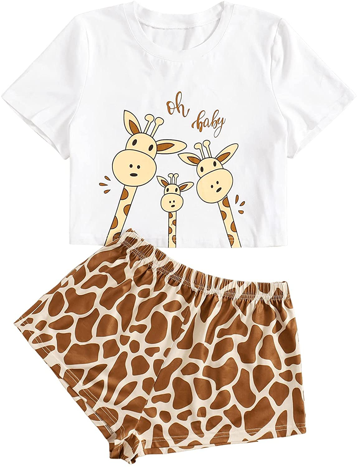 DIDK Women's Cute Cartoon Print Tee and Shorts Pajama Set Apparel & Accessories > Clothing > Sleepwear & Loungewear > Pajamas DIDK White Brown Giraffe Medium