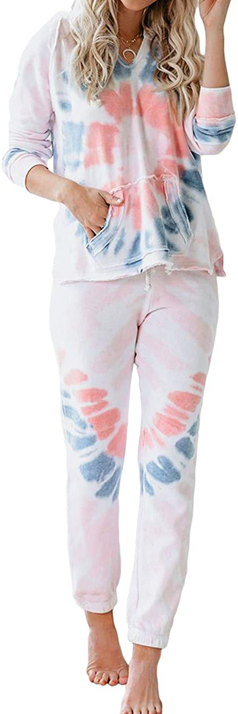 KIRUNDO Women’s Tie Dye Pajamas Set Long Sleeves Jogger PJ Sets Two Pieces Round Neck Loungewear Nightwear Sleepwear Apparel & Accessories > Clothing > Sleepwear & Loungewear > Pajamas KIRUNDO White X-Large