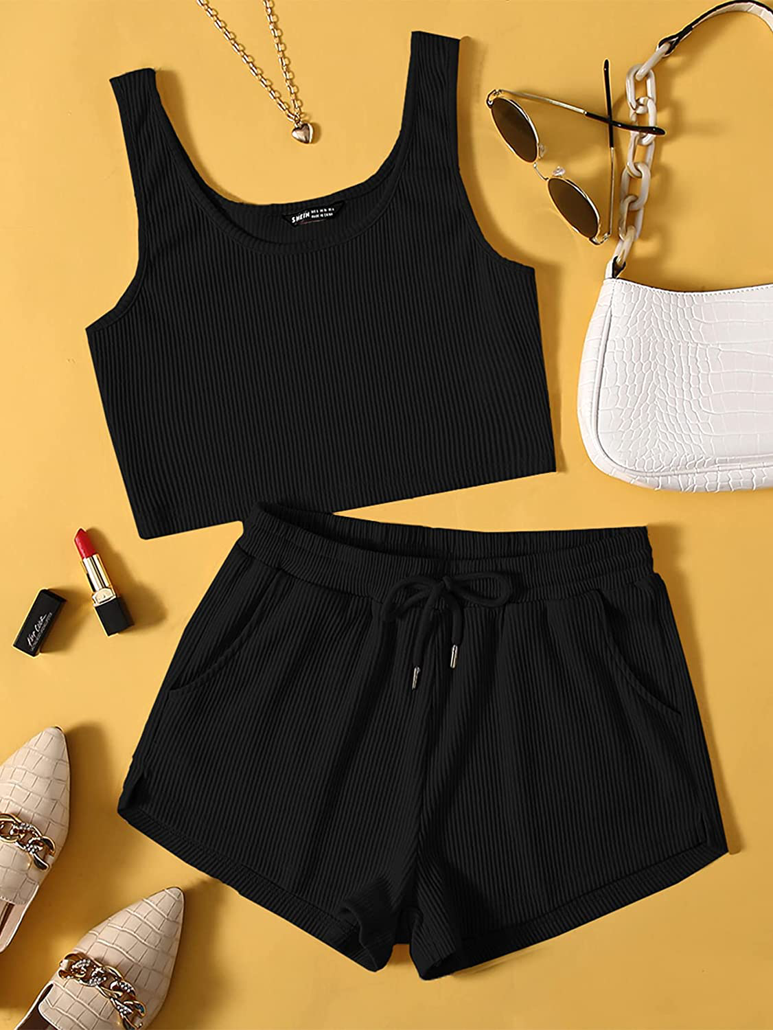 Sweatyrocks Women'S Suit Two Piece Outfits Sleeveless Crop Cami Top and Shorts Set Apparel & Accessories > Clothing > Sleepwear & Loungewear Kylie Max
