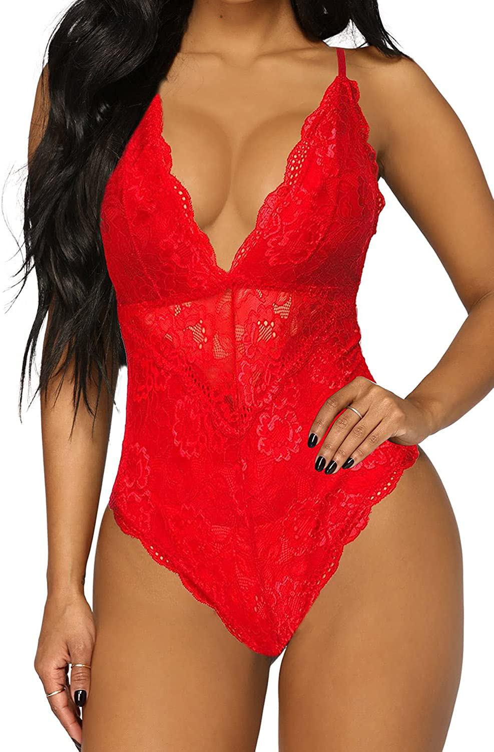 Aranmei Women Deep V Sexy Lace Bodysuit Snap Crotch Lingerie Teddy Underwear Apparel & Accessories > Clothing > Underwear & Socks > Lingerie Aranmei Bright Red Large