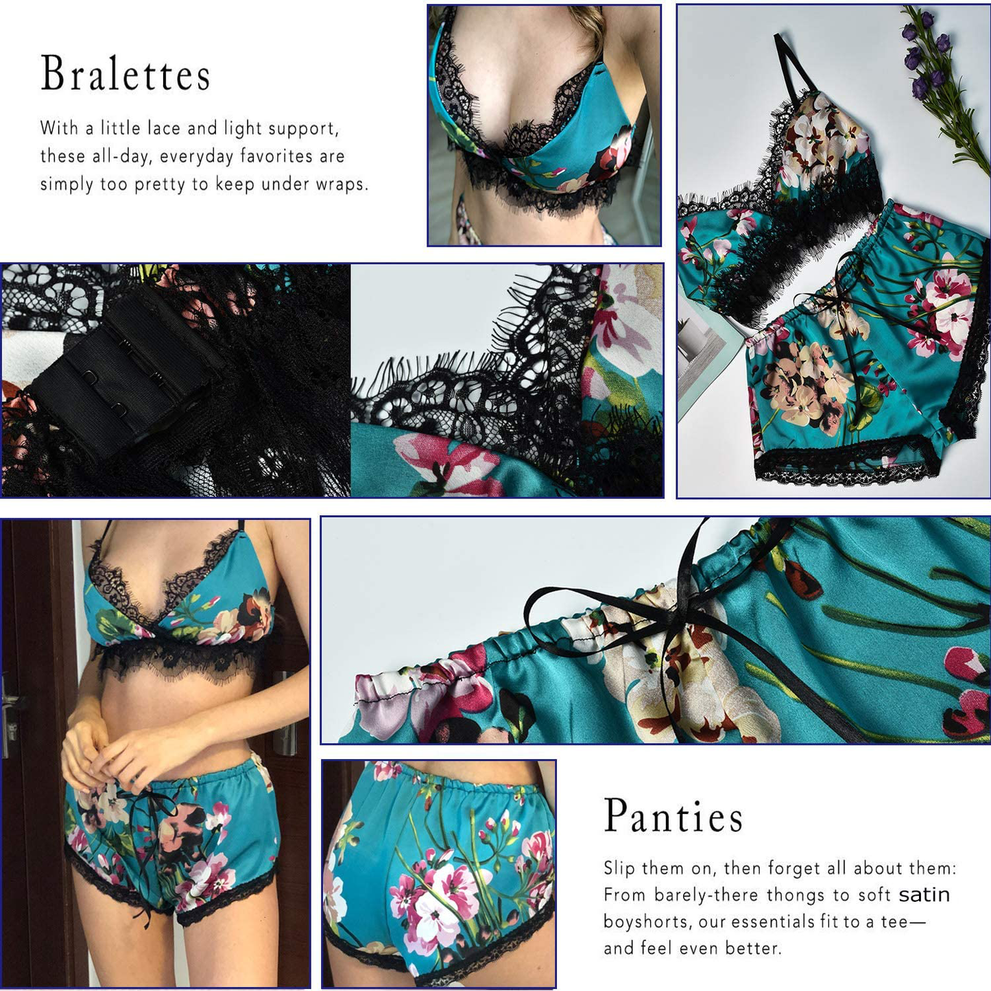 Lingerie for Women Floral Sexy Satin Pajama Sets Lace Trim Cami and Shorts Two Piece Straps Bralette and Panty Sleepwear Apparel & Accessories > Clothing > Sleepwear & Loungewear Kylie Max