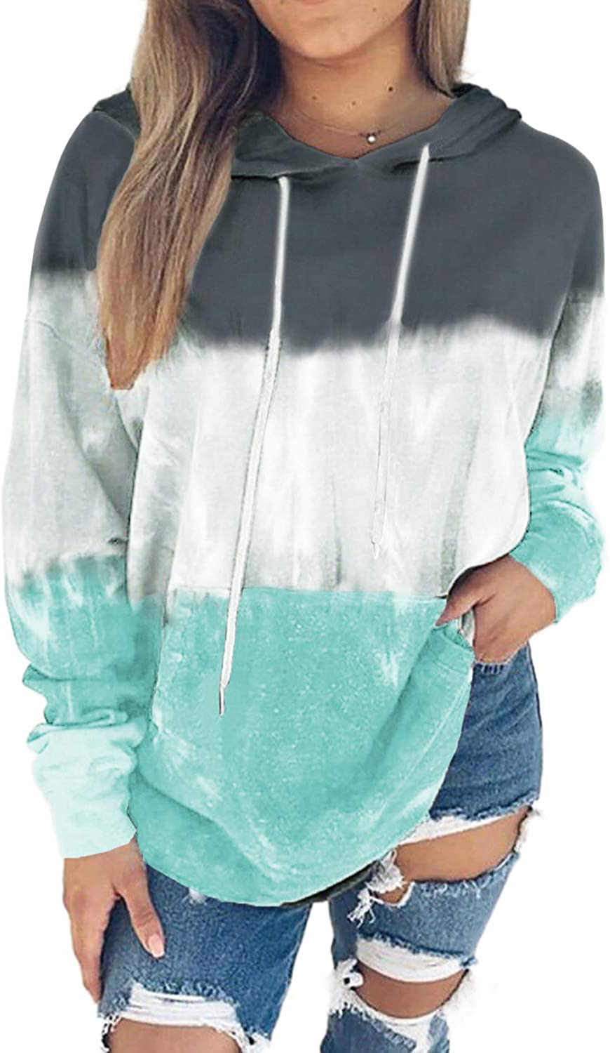 Eytino Women Hoodies Tops Tie Dye Printed Long Sleeve Drawstring Pullover Sweatshirts with Pocket(S-Xxl) Apparel & Accessories > Clothing > Activewear Kylie Max