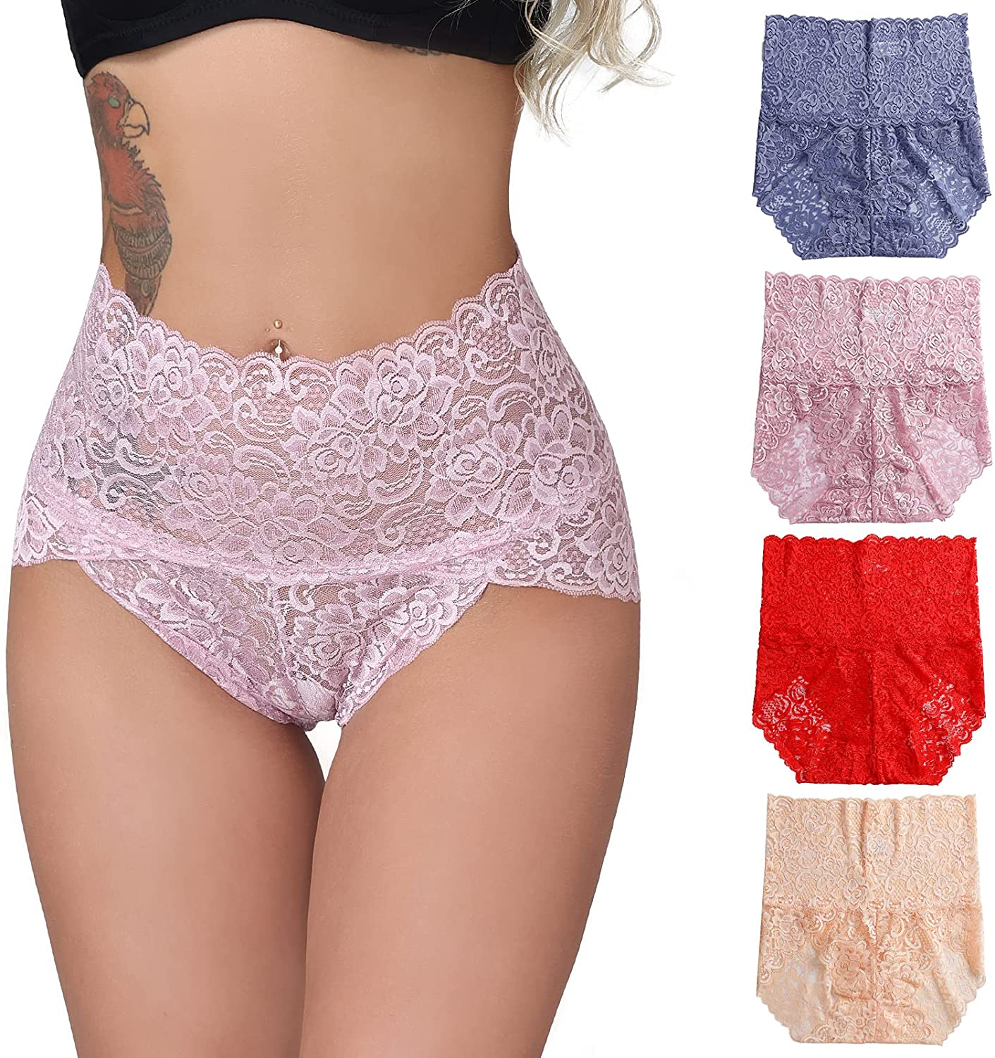 Talanes Women’S High Waisted Lace Underwear Sexy, Ladies Cheeky Lacy Panties Briefs , Soft Full Coverage Panty Multipack  Talanes Purple/Red Gray/Red/Skin Small
