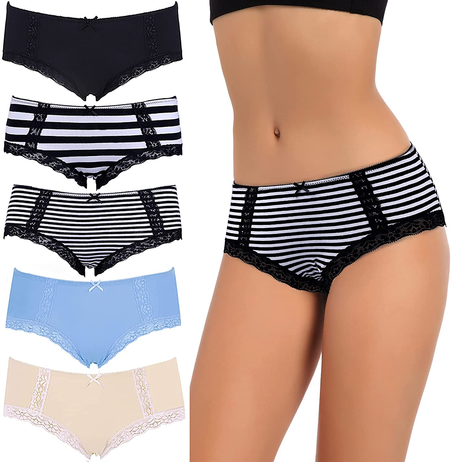 VEENXTHA Womens Underwear Panties Cotton Brief Lace Breathable Stretch Medium Waist Pack of 5 Apparel & Accessories > Clothing > Underwear & Socks > Underwear VEENXTHA Assorted of Color R Large