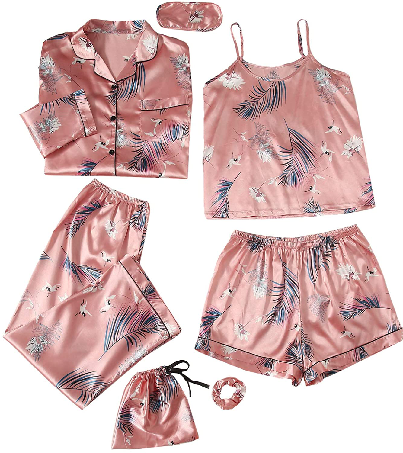 Shein Women'S 7Pcs Printed Cami and Shorts Satin Pajama Set with Shirt and Eye Mask Apparel & Accessories > Clothing > Sleepwear & Loungewear Kylie Max