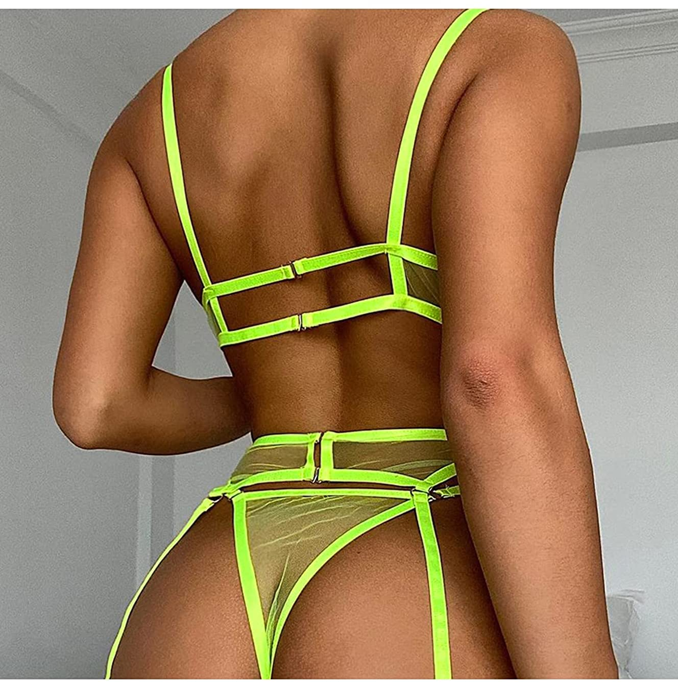 Kaei&Shi Embroidered Mesh Sheer,Underwire Cutout,High Cut Thong,Belt Garter Lingerie Set Apparel & Accessories > Clothing > Underwear & Socks > Lingerie Kaei&Shi