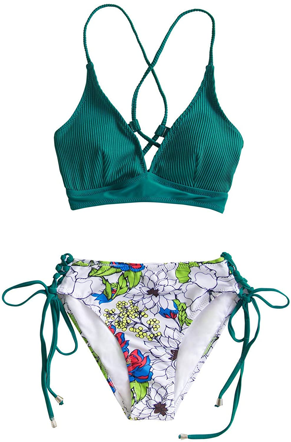 CUPSHE Women's Bikini Swimsuit Floral Print Lace Up V Neck Two Piece Bathing Suit Apparel & Accessories > Clothing > Swimwear CUPSHE Green Flower X-Large