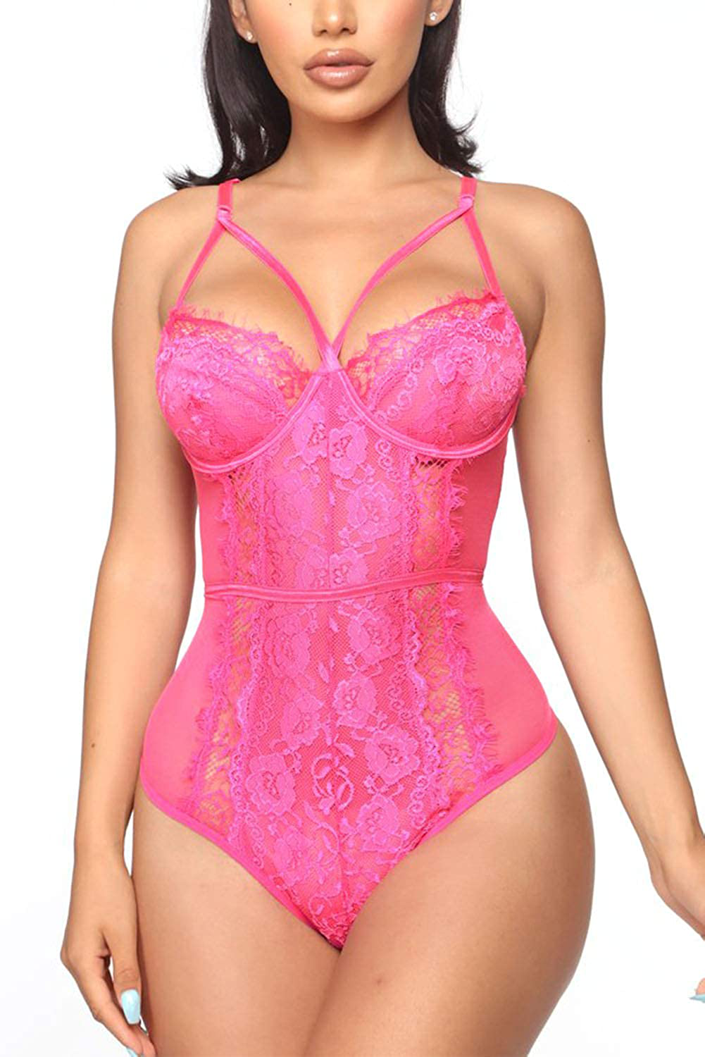 Aranmei Women's Sexy Eyelash Lace bodysuit Snap Crotch Teddy Lingerie Apparel & Accessories > Clothing > Underwear & Socks > Lingerie Aranmei Fluorescent Pink Medium