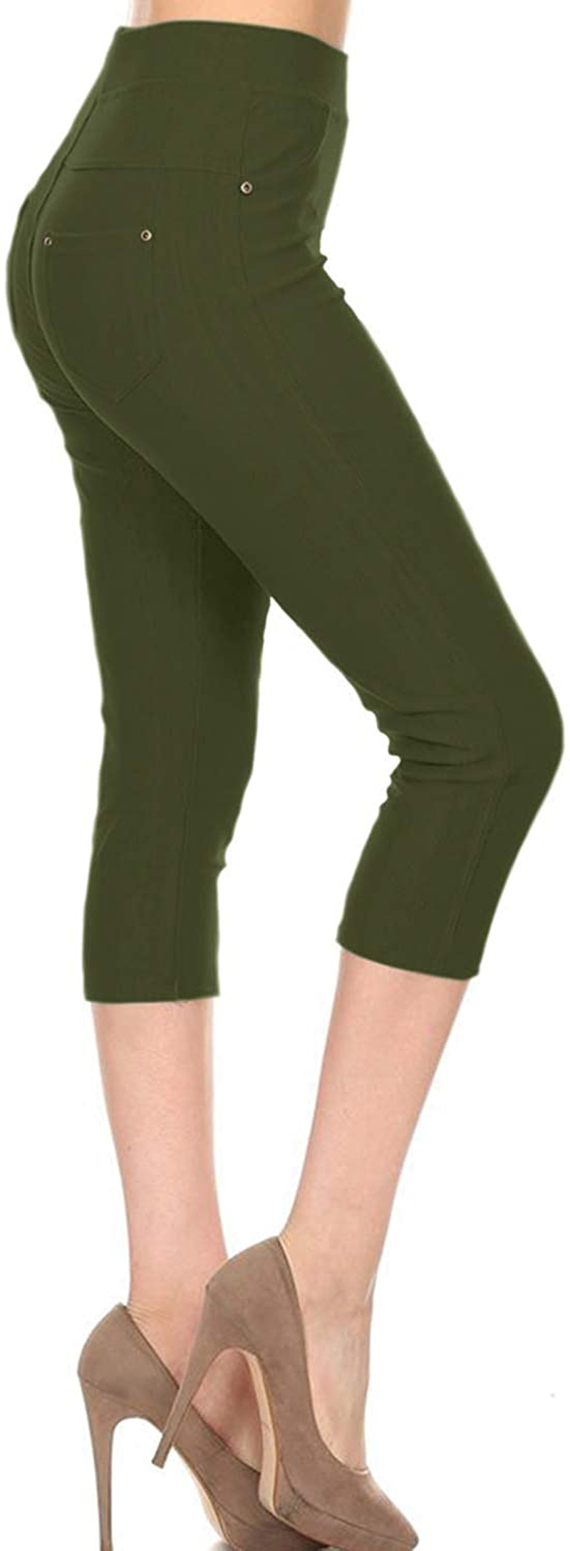 Leggings Depot Premium Quality Women's Cotton Blend Stretch Pull-on Jeggings with Pockets Apparel & Accessories > Clothing > Activewear LEGGINGS DEPOT Capri-olive One Size