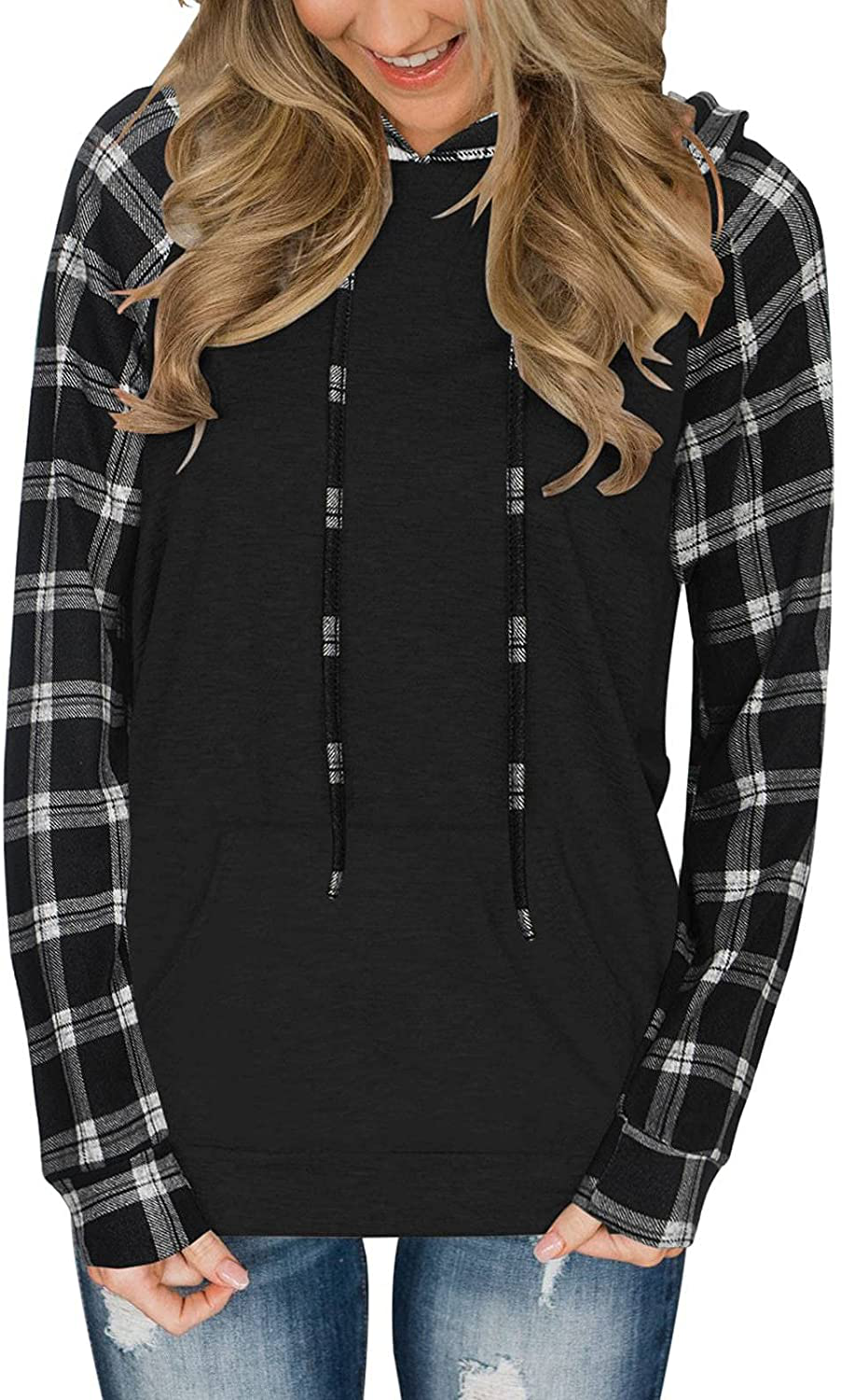 PINKMSTYLE Womens Color Block Hoodies Casual Lightweight Drawstring Pullover Sweatshirt Fall Long Sleeve Tops with Pocket Apparel & Accessories > Clothing > Activewear Kylie Max