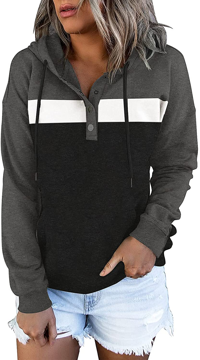 Women'S Casual Color Block Hoodies Long Sleeve Tops Button down Drawstring Pullover Sweatshirts with Pocket Apparel & Accessories > Clothing > Activewear Kylie Max