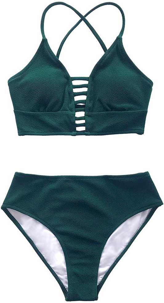 CUPSHE Women’s Bikini Swimsuit Floral Print Lace Up Multi Color Strappy Two Piece Bathing Suit Apparel & Accessories > Clothing > Swimwear CUPSHE Green X-Small