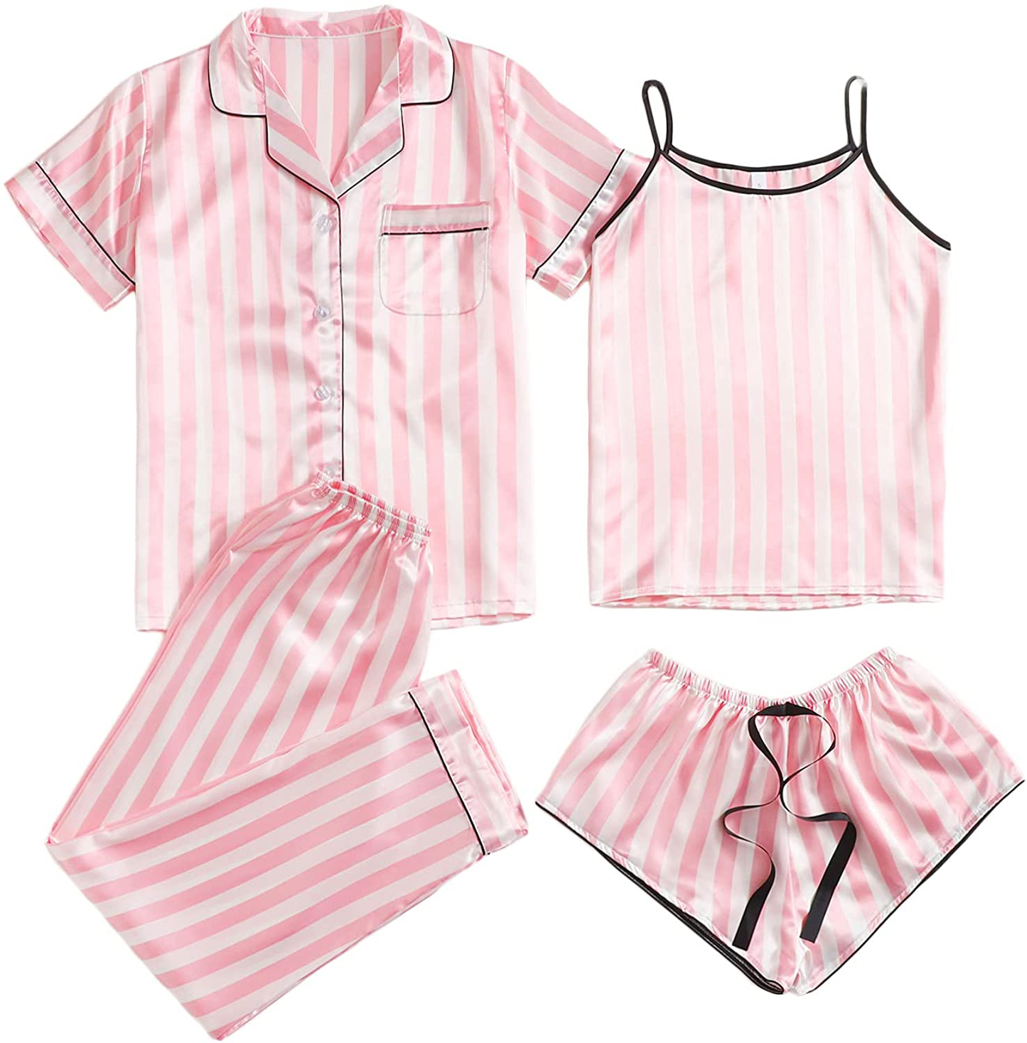 WDIRARA Women'S Silk Satin Pajama Set 4 Pieces Sleepwear Loungewear Pj Sets Apparel & Accessories > Clothing > Sleepwear & Loungewear Kylie Max