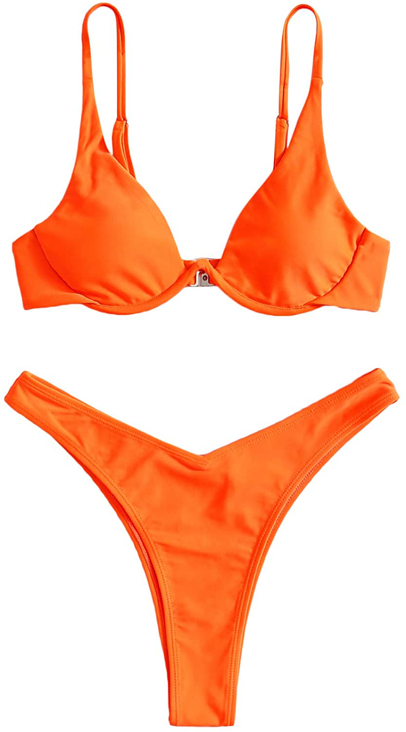 SweatyRocks Women's Sexy Bathing Suits Spaghetti Strap Floral Bikini Set Underwire Swimsuit Apparel & Accessories > Clothing > Swimwear SweatyRocks Solid Orange X-Small