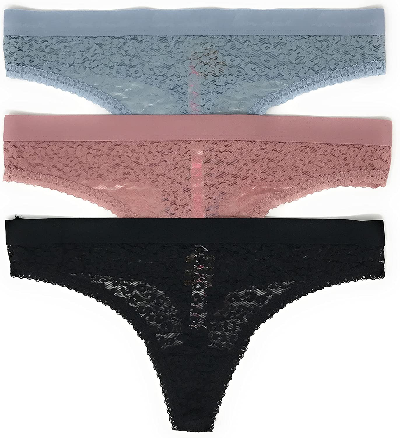 Victoria's Secret PINK Thong Panty Set of 3 Apparel & Accessories > Clothing > Underwear & Socks > Underwear Victoria's Secret Lace Lt Teal Logos / Damsel Pink / Black Large