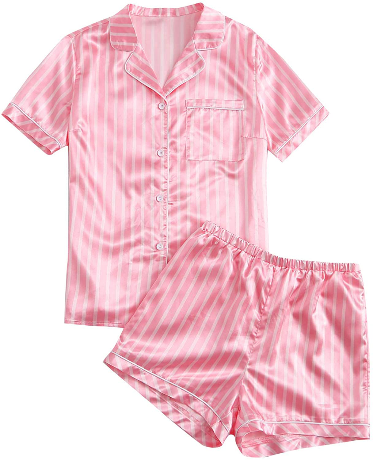 SweatyRocks Women's Short Sleeve Sleepwear Button Down Satin 2 Piece Pajama Set Apparel & Accessories > Clothing > Sleepwear & Loungewear > Pajamas SweatyRocks Pink Solid Medium