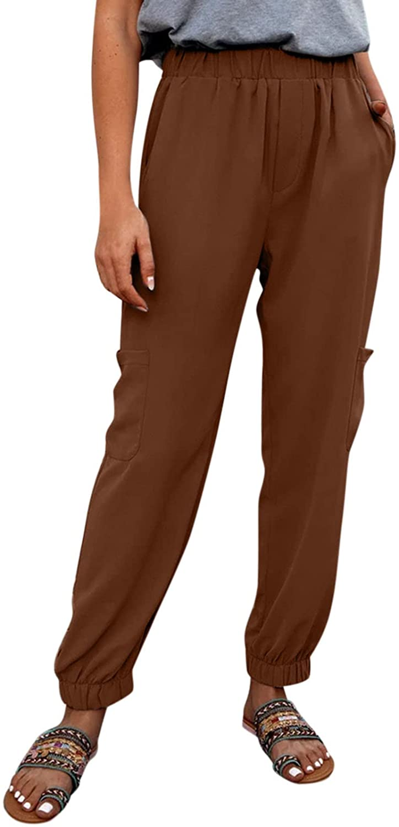 Burband Womens Cotton Elastic Waist Tactical Joggers Pants Cargo Sweatpants with Pockets Hiking Linen Yoga Lounge Trousers Apparel & Accessories > Clothing > Underwear & Socks > Shapewear Burband