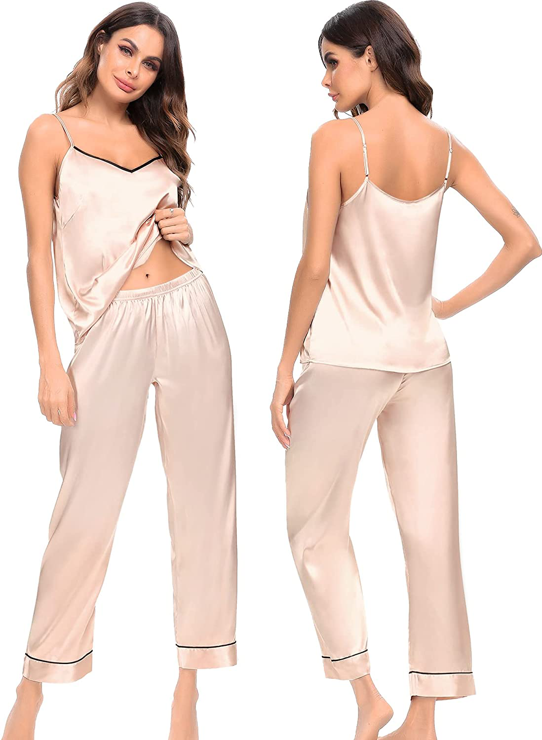 SWOMOG Womens Silk Satin Pajamas Set Two-Piece Pj Sets Cami Top and Capris Pants Sleepwear Apparel & Accessories > Clothing > Sleepwear & Loungewear Kylie Max