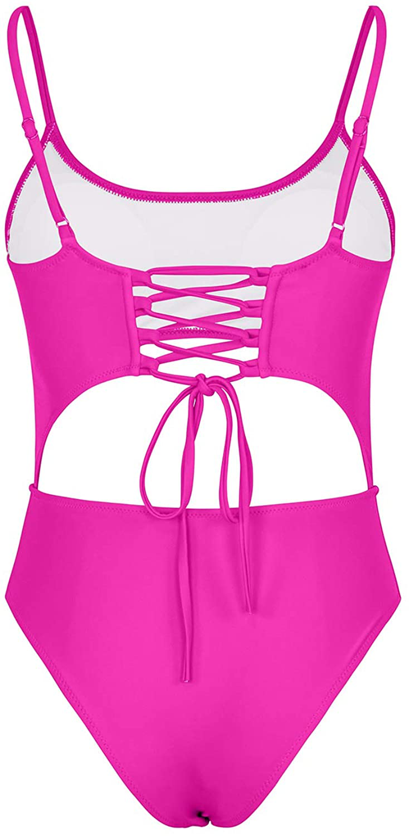 Meyeeka Womens Scoop Neck Cut Out Front Lace up Back High Cut Monokini One Piece Swimsuit Kylie Max
