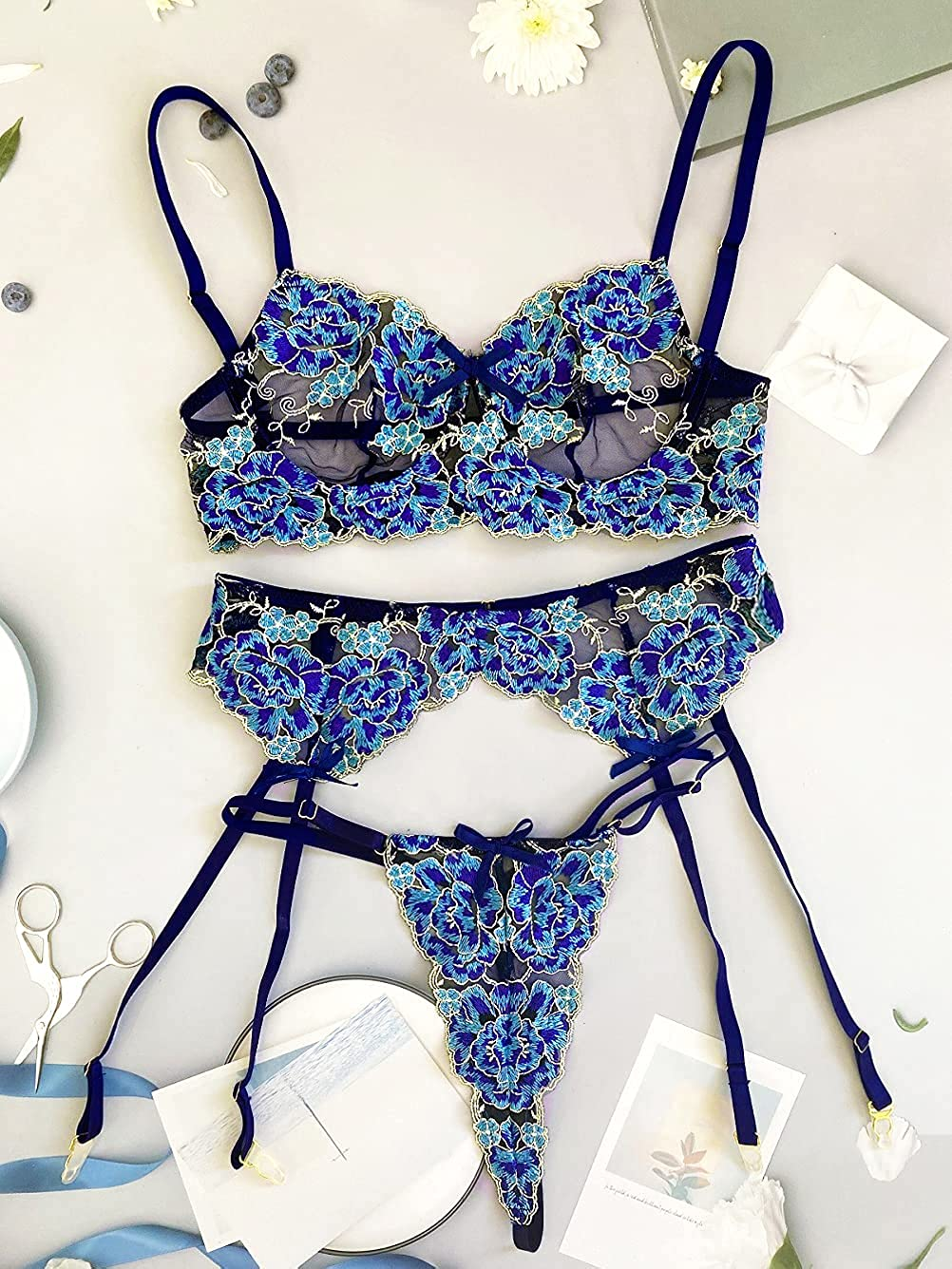 Garter Lingerie for Women,Sexy Lace Lingerie,Sheer Matching 3 Piece Lingerie Set Apparel & Accessories > Clothing > Underwear & Socks > Lingerie Kaei&Shi