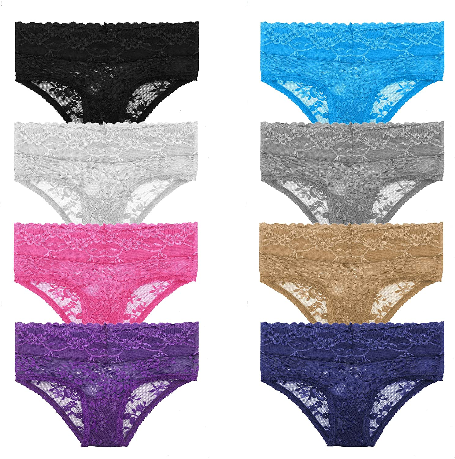 GAREDOB Pack of 8 Women'S Lace Cheeky Hipster Panty, Assorted Different Lace Pattern & Colors Apparel & Accessories > Clothing > Underwear & Socks > Underwear GAREDOB 8 Pack Assorted a Small