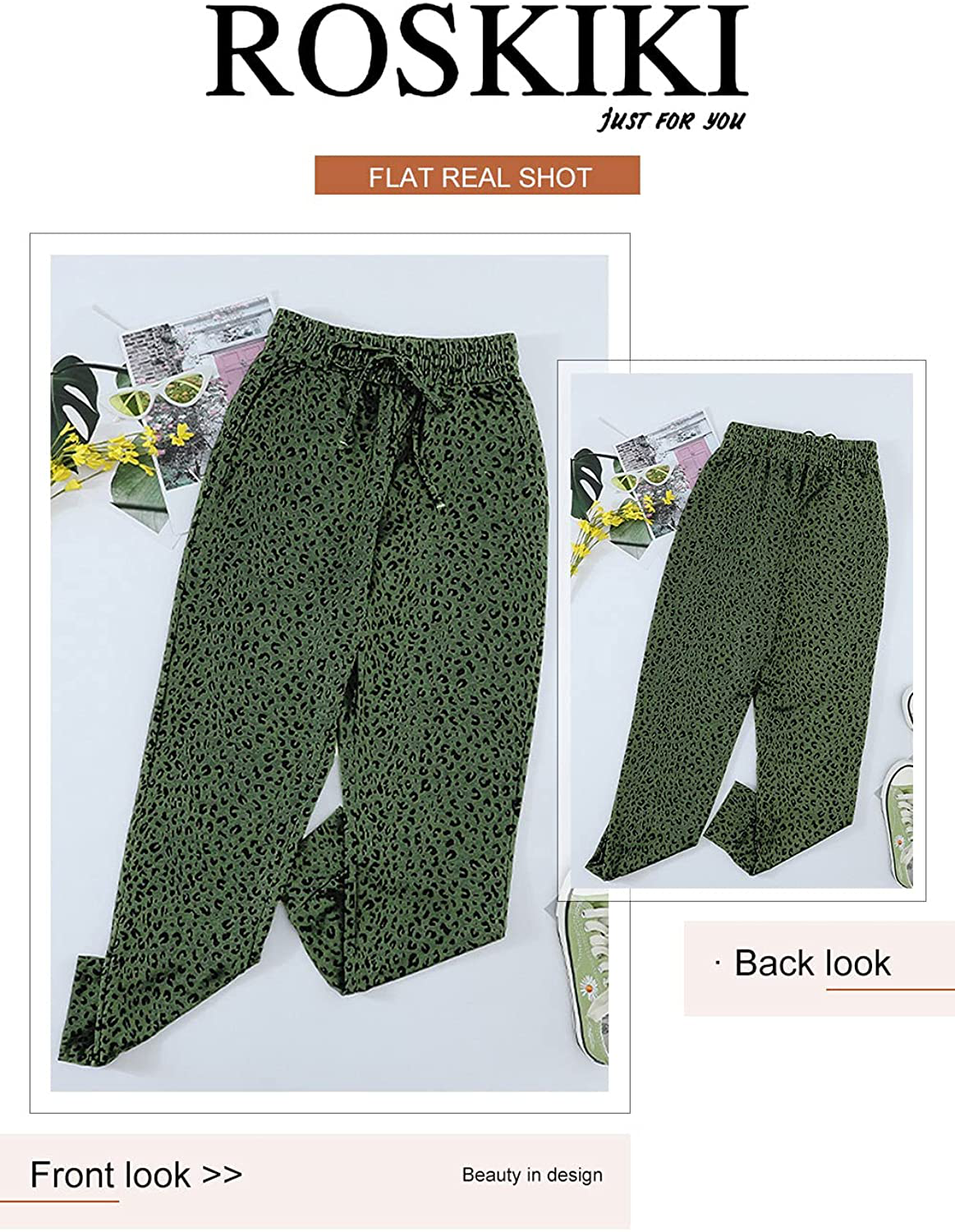 ROSKIKI Womens Leopard Drawstring Elastic Waist Sports Lounge Pants with Pockets Apparel & Accessories > Clothing > Activewear Kylie Max