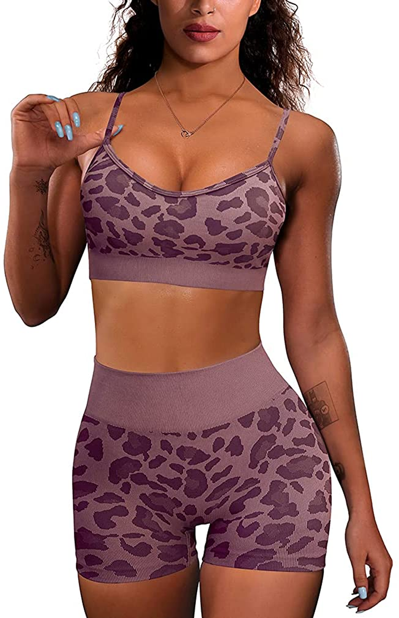 OQQ Yoga Outfit for Women Seamless 2 Piece Workout Gym High Waist Leggings with Sport Bra Set Apparel & Accessories > Clothing > Underwear & Socks > Lingerie HZSN C: Leopard_grapes Purple Small
