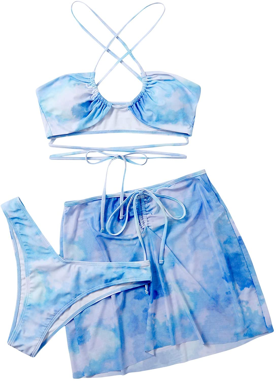 SOLY HUX Women'S Tie Dye Wrap Bikini Bathing Suits with Mesh Beach Skirt 3 Piece Swimsuits Apparel & Accessories > Clothing > Underwear & Socks > Lingerie KYLIE MAX Tie Dye Blue Large