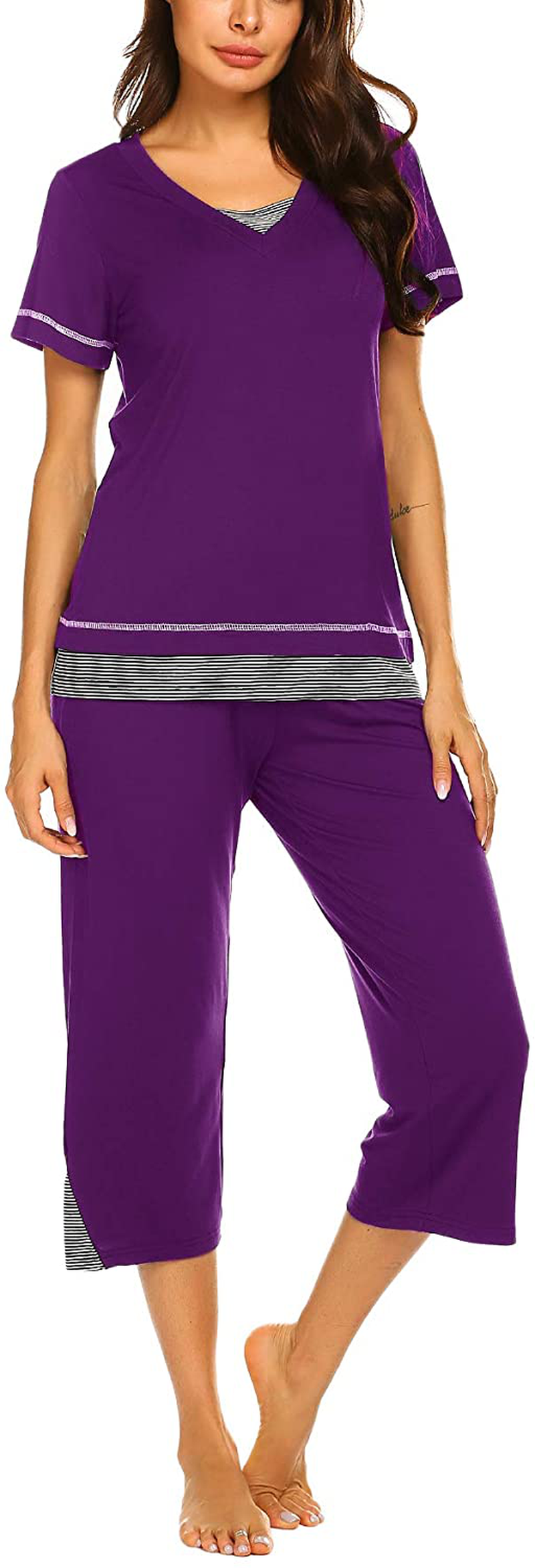 Ekouaer Women's Pajamas Set Soft V Neck Striped Sleepwear Top and Capri Pj Lounge Sets Apparel & Accessories > Clothing > Sleepwear & Loungewear > Pajamas Ekouaer Purple XX-Large