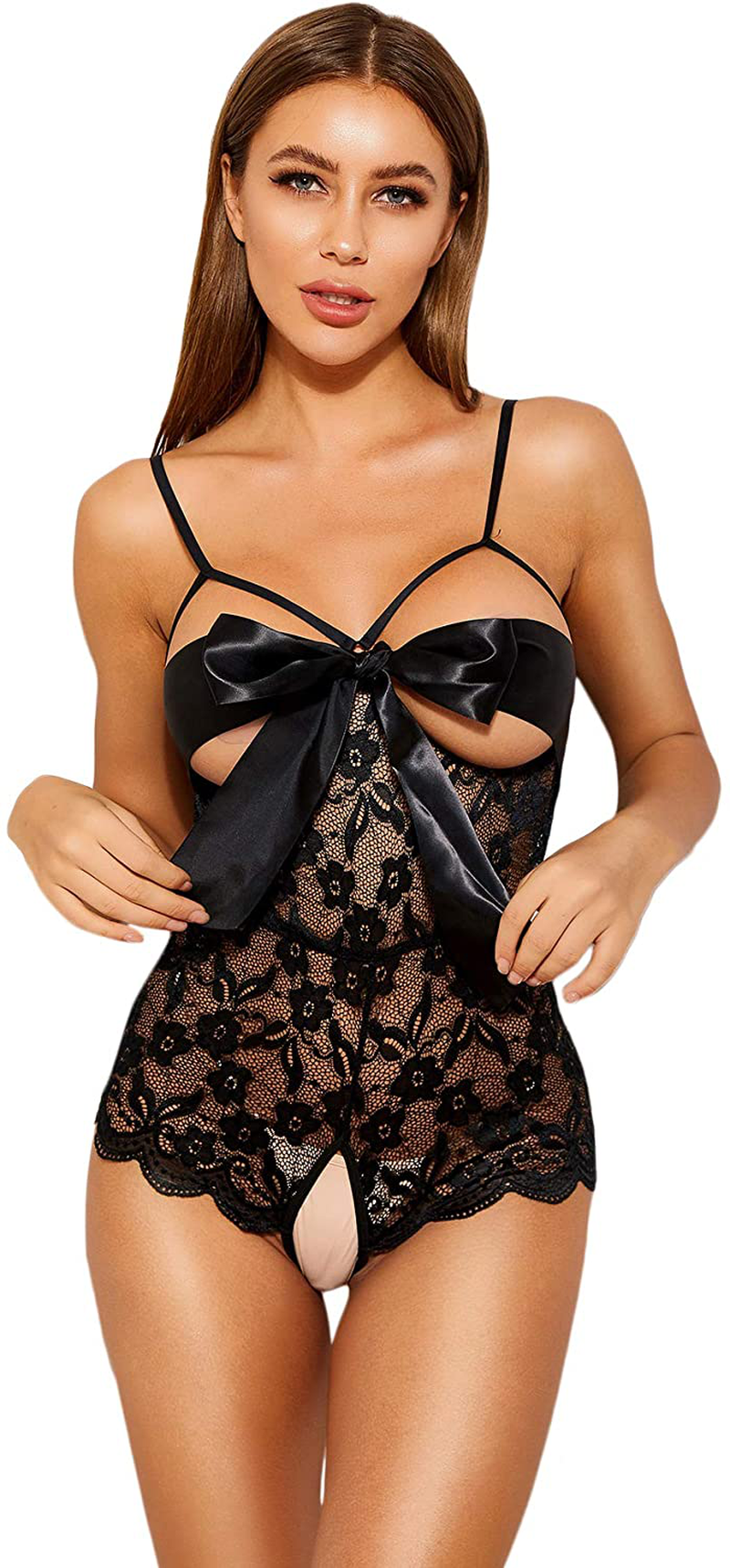Romwe Women's Self Knot Front Teddy Lingerie One Piece Floral Lace Bodysuit Babydoll Apparel & Accessories > Clothing > Underwear & Socks > Lingerie ROMWE Black Small