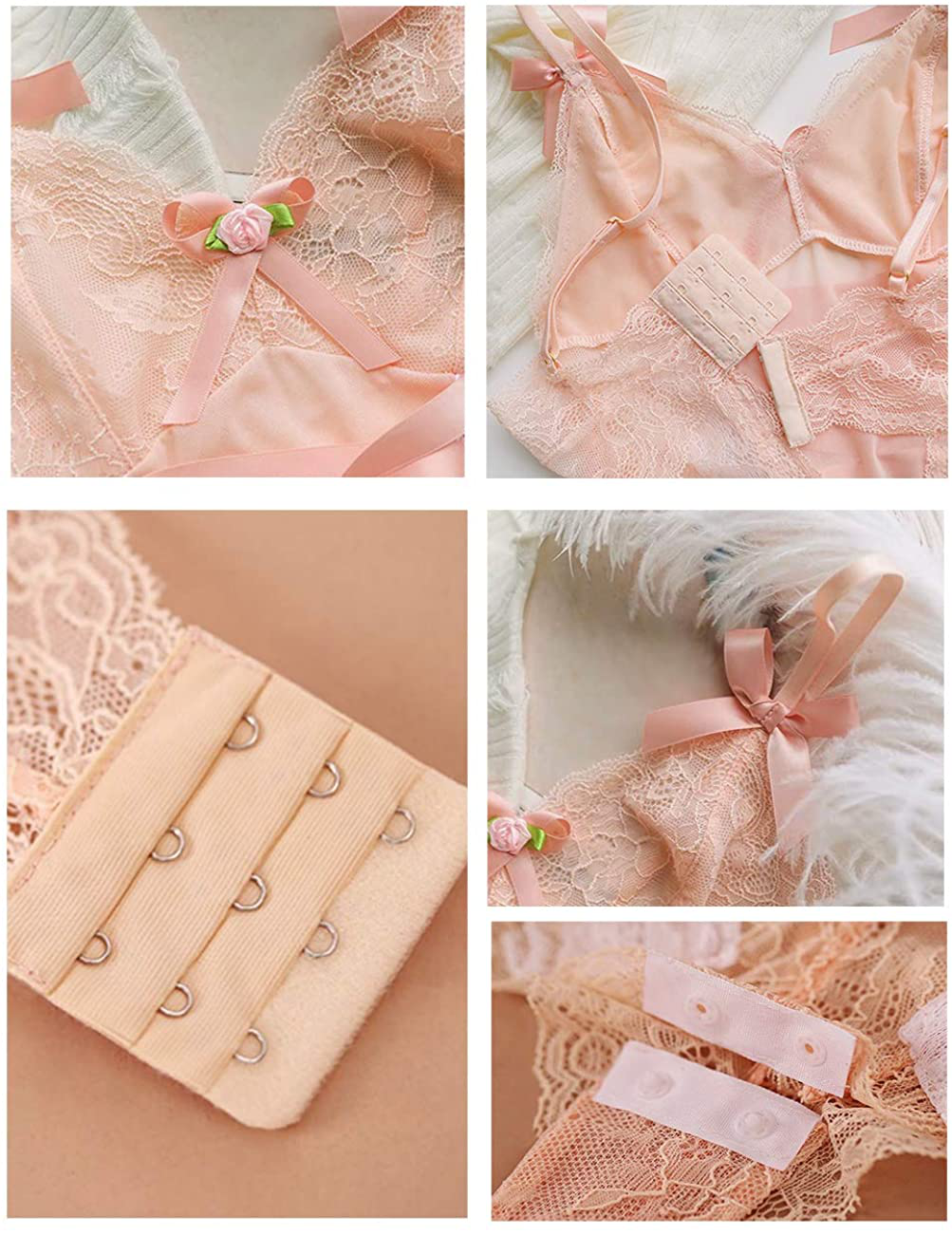 Lolita Lingerie Anime Pink Roses Lace Corset Teddies Romper Jumpsuit See Through Bodysuit for Women Apparel & Accessories > Clothing > Underwear & Socks > Lingerie Carinaca