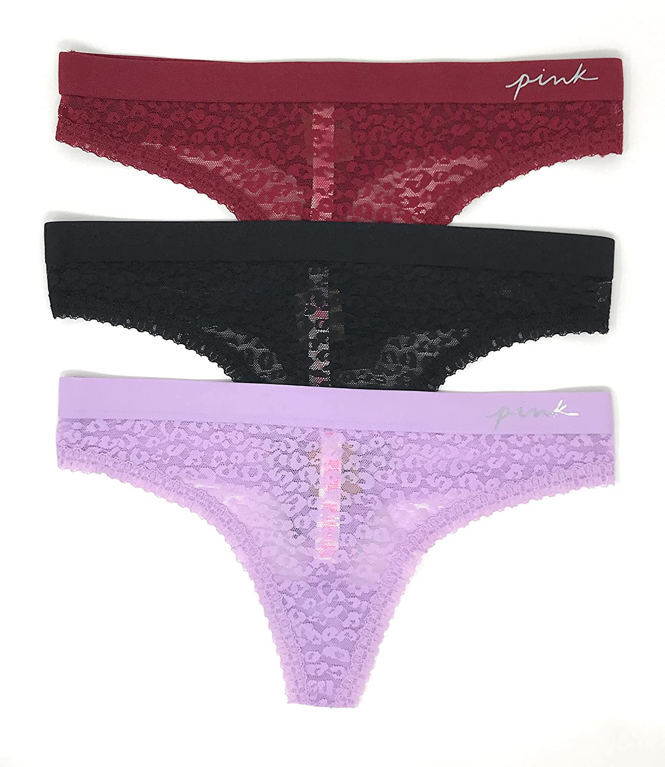 Victoria's Secret PINK Thong Panty Set of 3 Apparel & Accessories > Clothing > Underwear & Socks > Underwear Victoria's Secret Lace Cranberry / Black / Lilac Large