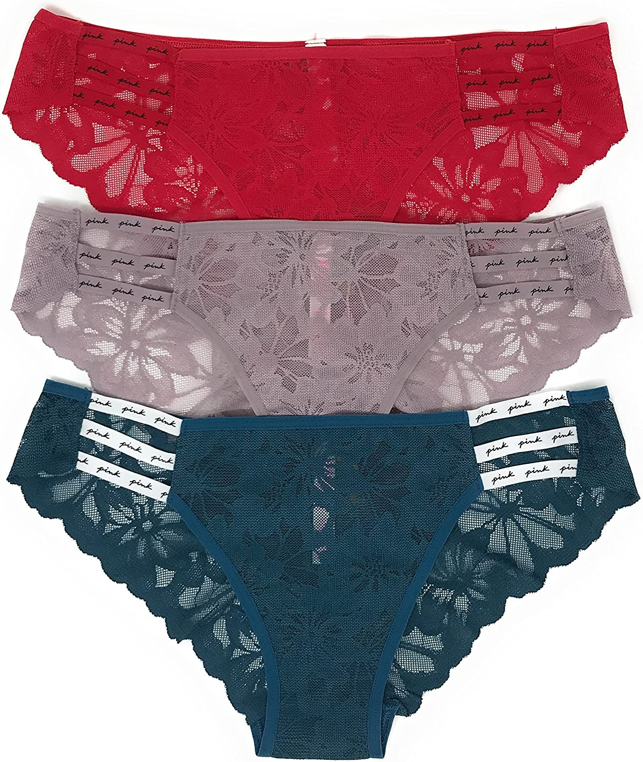 Victoria'S Secret Pink Cheekster Panty Set of 3 Victoria's Secret Strappy Lace Red / Mauve / Teal Large